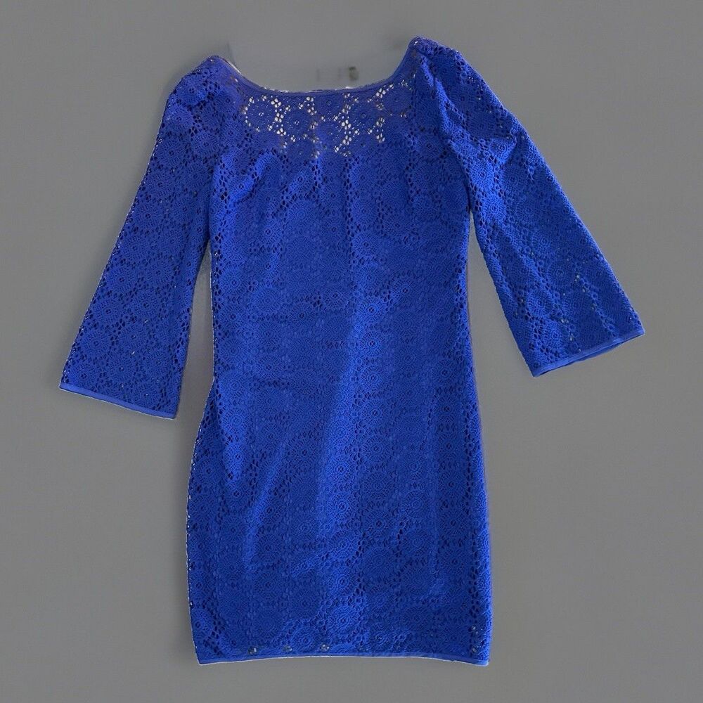 Lily Pulitzer Topanga Iris Blue Crochet Lace Shift Dress S Bell Sleeves Retro